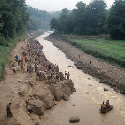 Image of intrepid villagers industriously erecting makeshift defenses by a flowing river