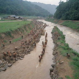 Image of intrepid villagers industriously erecting makeshift defenses by a flowing river