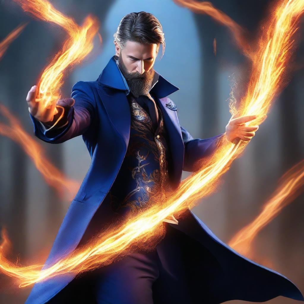 A human wizard casting a fire bolt spell, wearing a blue suit and sporting a short beard