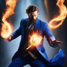 A human wizard casting a fire bolt spell, wearing a blue suit and sporting a short beard