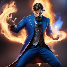 A human wizard casting a fire bolt spell, wearing a blue suit and sporting a short beard