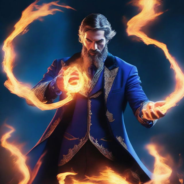 A human wizard casting a fire bolt spell, wearing a blue suit and sporting a short beard