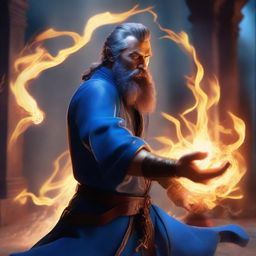 A human wizard casting a fire bolt spell, wearing a blue shirt and sporting a short beard with no mustache