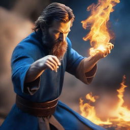 A human wizard casting a fire bolt spell, wearing a blue shirt and sporting a short beard with no mustache