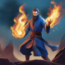 A human wizard casting a fire bolt spell, wearing a blue shirt and sporting a short beard with no mustache