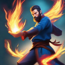 A human wizard casting a fire bolt spell, wearing a blue shirt and sporting a short beard with no mustache