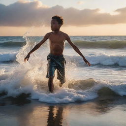 A young African-American boy alight, not with flames, but an ethereal glow, stepping gracefully over shimmering water surface. Huge waves tower around him, showcasing the tumultuous sea.