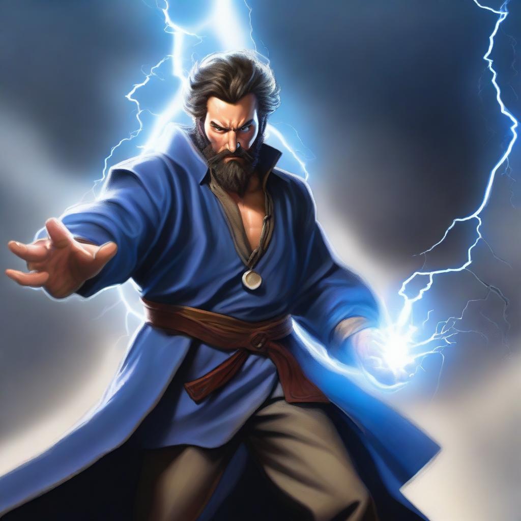 A human wizard casting a lightning bolt spell, wearing a blue shirt and sporting a short beard with no mustache