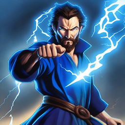 A human wizard casting a lightning bolt spell, wearing a blue shirt and sporting a short beard with no mustache