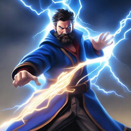 A human wizard casting a lightning bolt spell, wearing a blue shirt and sporting a short beard with no mustache