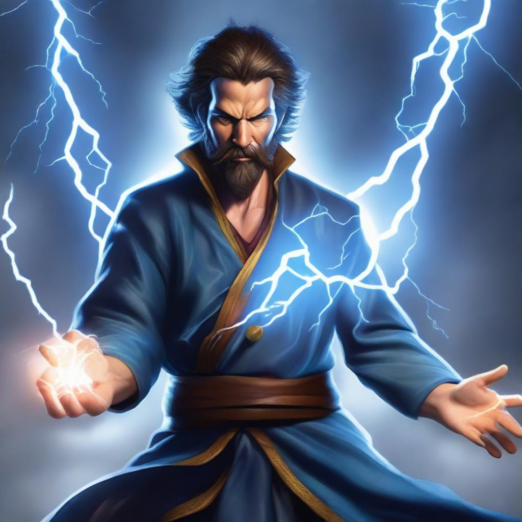 A human wizard casting a lightning bolt spell, wearing a blue shirt and sporting a short beard with no mustache