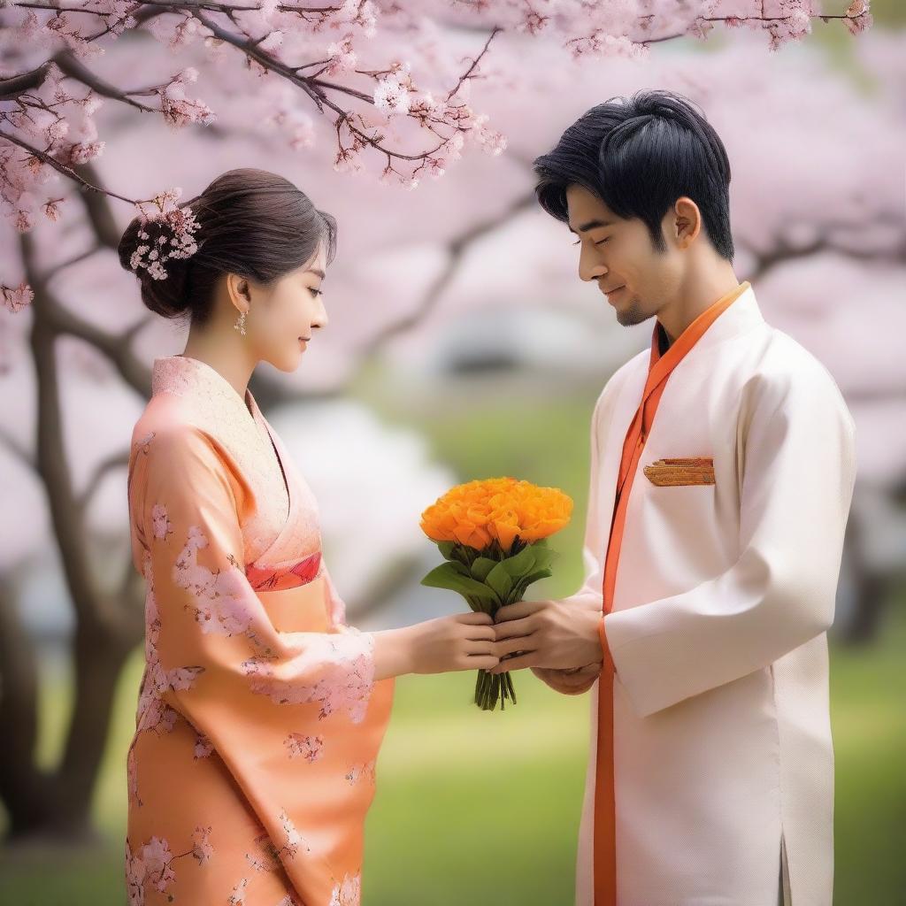 A beautiful Japanese young girl wearing a traditional Japanese dress is giving a bouquet of orange flowers to a smart Indian young man