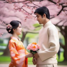 A beautiful Japanese young girl wearing a traditional Japanese dress is giving a bouquet of orange flowers to a smart Indian young man