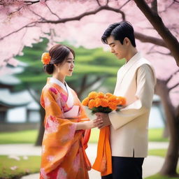 A beautiful Japanese young girl wearing a traditional Japanese dress is giving a bouquet of orange flowers to a smart Indian young man