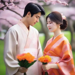 A beautiful Japanese young girl wearing a traditional Japanese dress is giving a bouquet of orange flowers to a smart Indian young man