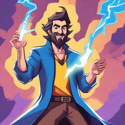 A happy human wizard casting a lightning bolt spell, wearing a blue shirt and sporting a short beard with no mustache