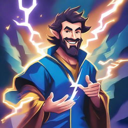 A happy human wizard casting a lightning bolt spell, wearing a blue shirt and sporting a short beard with no mustache