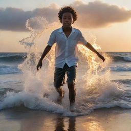 A young African-American boy alight, not with flames, but an ethereal glow, stepping gracefully over shimmering water surface. Huge waves tower around him, showcasing the tumultuous sea.