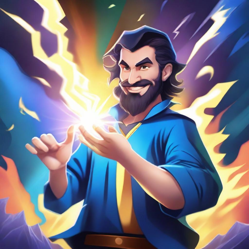 A happy human wizard casting a lightning bolt spell, wearing a blue shirt and sporting a short beard with no mustache