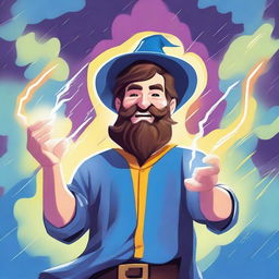 A happy human wizard casting a lightning bolt spell, wearing a blue shirt and sporting a short beard with no mustache