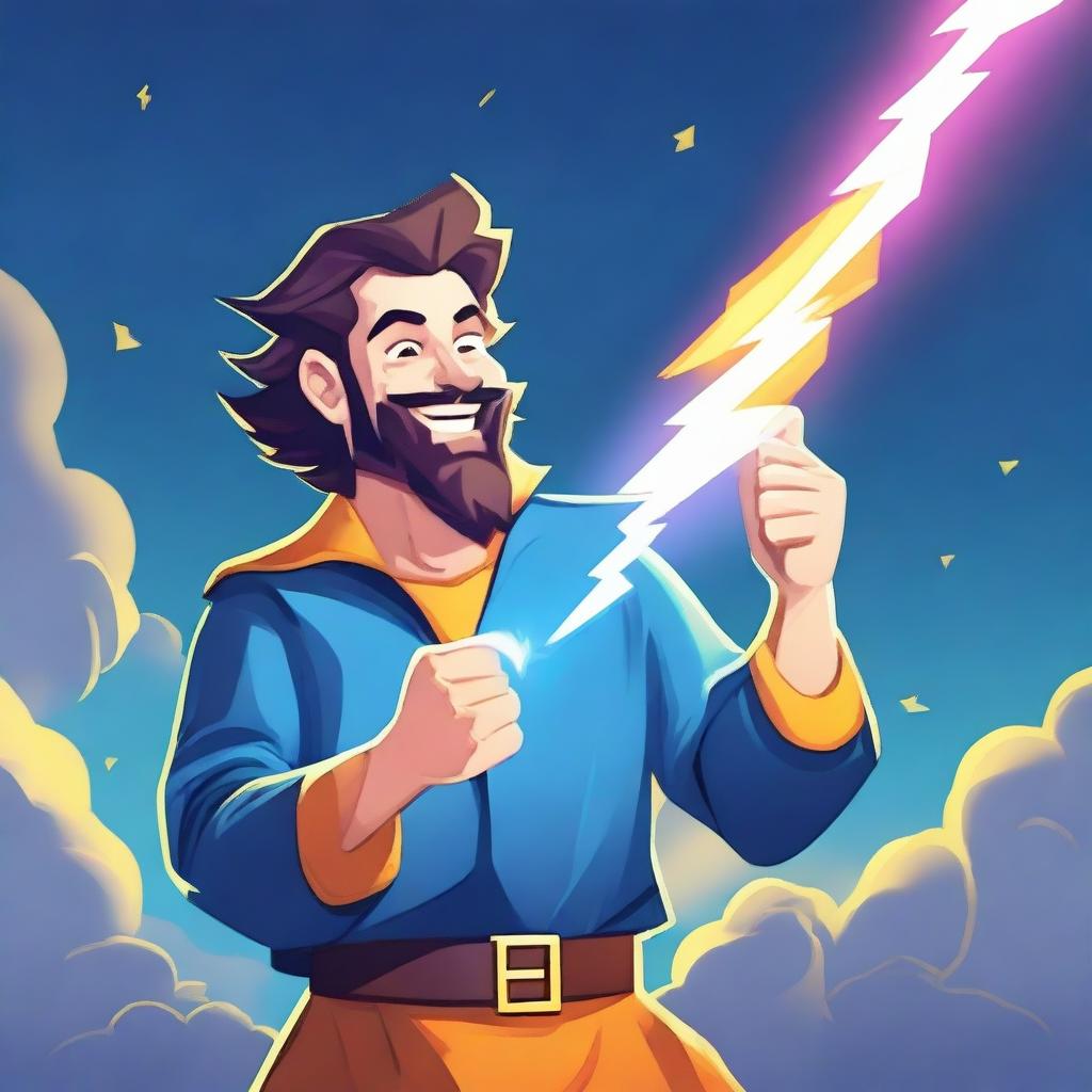 A happy human wizard casting a lightning bolt spell, wearing a blue shirt and sporting a short beard with no mustache