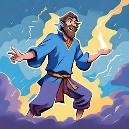 A happy human wizard casting a lightning bolt spell, wearing a blue shirt and sporting a short beard with no mustache