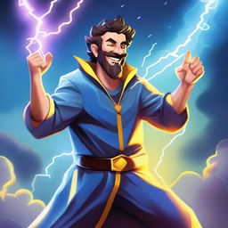 A happy human wizard casting a lightning bolt spell, wearing a blue shirt and sporting a short beard with no mustache