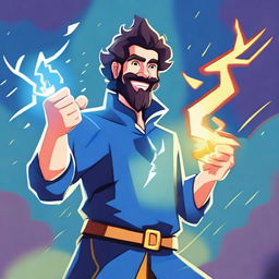 A happy human wizard casting a lightning bolt spell, wearing a blue shirt and sporting a short beard with no mustache