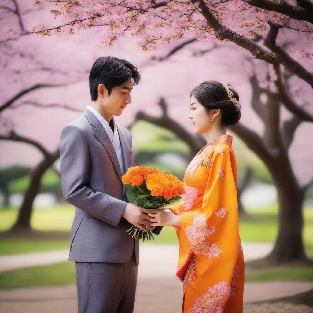 A beautiful Japanese young girl wearing a traditional Japanese dress is giving a bouquet of orange flowers to a smart Indian young man