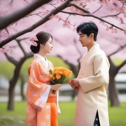 A beautiful Japanese young girl wearing a traditional Japanese dress is giving a bouquet of orange flowers to a smart Indian young man