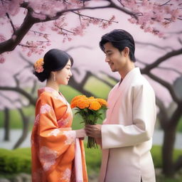 A beautiful Japanese young girl wearing a traditional Japanese dress is giving a bouquet of orange flowers to a smart Indian young man