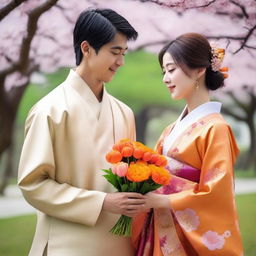 A beautiful Japanese young girl wearing a traditional Japanese dress is giving a bouquet of orange flowers to a smart Indian young man