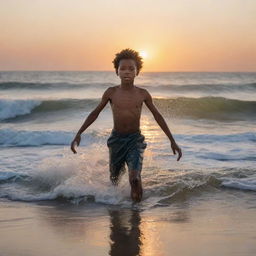 A young African-American boy alight, not with flames, but an ethereal glow, stepping gracefully over shimmering water surface. Huge waves tower around him, showcasing the tumultuous sea.