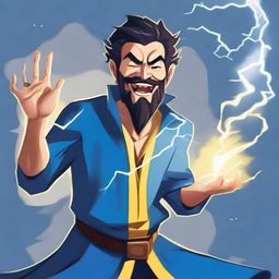 A full-bodied happy human wizard casting a lightning bolt spell, wearing a blue shirt and sporting a short beard with no mustache