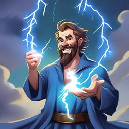 A full-bodied happy human wizard casting a lightning bolt spell, wearing a blue shirt and sporting a short beard with no mustache