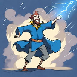 A full-bodied happy human wizard casting a lightning bolt spell, wearing a blue shirt and sporting a short beard with no mustache