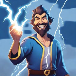 A full-bodied happy human wizard casting a lightning bolt spell, wearing a blue shirt and sporting a short beard with no mustache