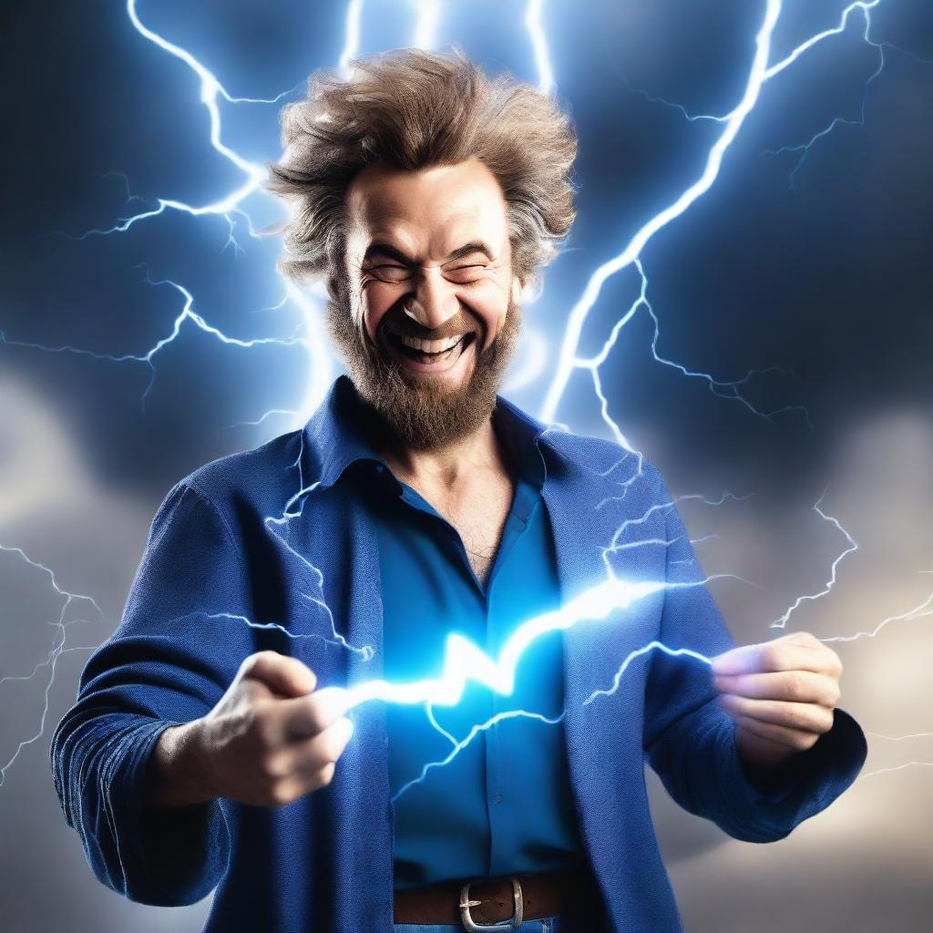 A realistic, full-bodied happy human wizard casting a lightning bolt spell, wearing a blue shirt and sporting a short beard with no mustache