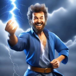 A realistic, full-bodied happy human wizard casting a lightning bolt spell, wearing a blue shirt and sporting a short beard with no mustache