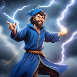 A realistic, full-bodied happy human wizard casting a lightning bolt spell, wearing a blue shirt and sporting a short beard with no mustache