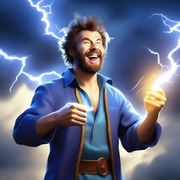 A realistic, full-bodied happy human wizard casting a lightning bolt spell, wearing a blue shirt and sporting a short beard with no mustache