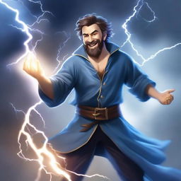 A semi-realistic, full-bodied happy human wizard casting a lightning bolt spell, wearing a blue shirt and sporting a short beard with no mustache