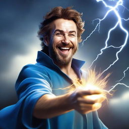 A semi-realistic, full-bodied happy human wizard casting a lightning bolt spell, wearing a blue shirt and sporting a short beard with no mustache