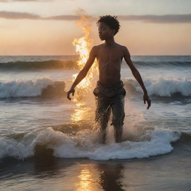 A young African-American boy alight, not with flames, but an ethereal glow, stepping gracefully over shimmering water surface. Huge waves tower around him, showcasing the tumultuous sea.