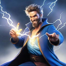 A semi-realistic, full-bodied happy human wizard casting a lightning bolt spell, wearing a blue shirt and sporting a short beard with no mustache