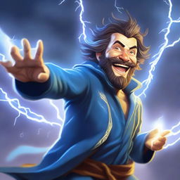 A semi-realistic, full-bodied happy human wizard casting a lightning bolt spell, wearing a blue shirt and sporting a short beard with no mustache