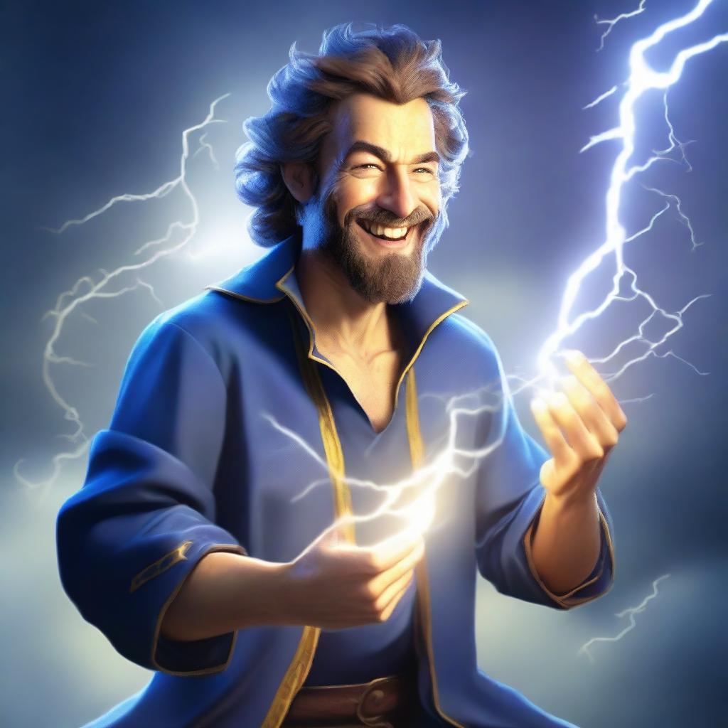 A semi-realistic, full-bodied happy human wizard casting a lightning bolt spell, wearing a blue shirt and sporting a short beard with no mustache