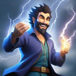 A semi-realistic, full-bodied happy human wizard casting a lightning bolt spell, wearing a blue shirt and sporting a short beard with no mustache