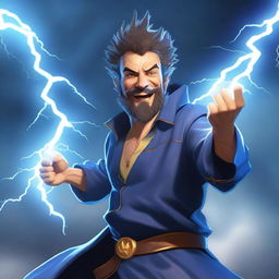 A semi-realistic, full-bodied happy human wizard casting a lightning bolt spell, wearing a blue shirt and sporting a short beard with no mustache