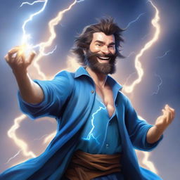 A semi-realistic, full-bodied happy human wizard casting a lightning bolt spell, wearing a blue shirt and sporting a short beard with no mustache